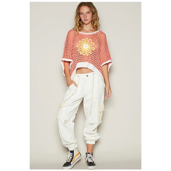 POL Sweaters - POL Flower Open Knit Crochet Sweater Daisy orange sz S